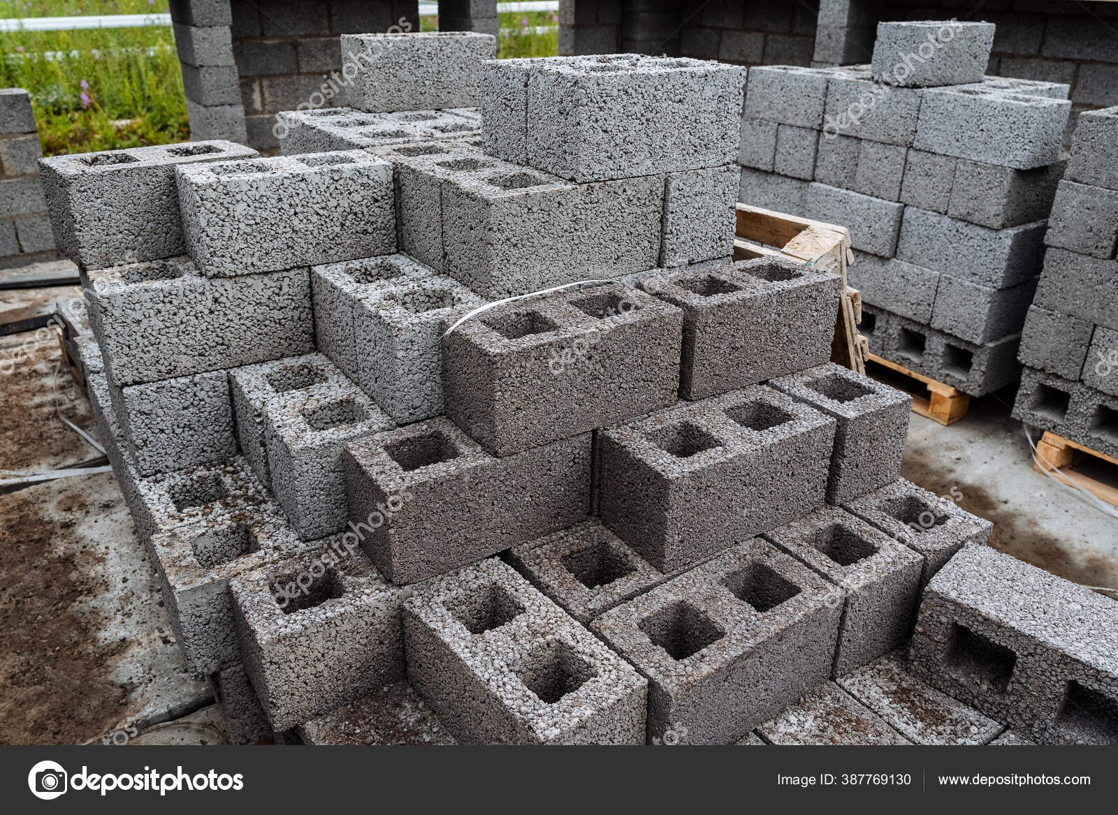 Cinder Blocks Gray Concrete Neatly Stacked Pile Slender Rows